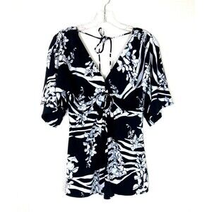 WHBM Women's Babydoll Tunic Top Size XS Black White Floral V-Neck Front & Back